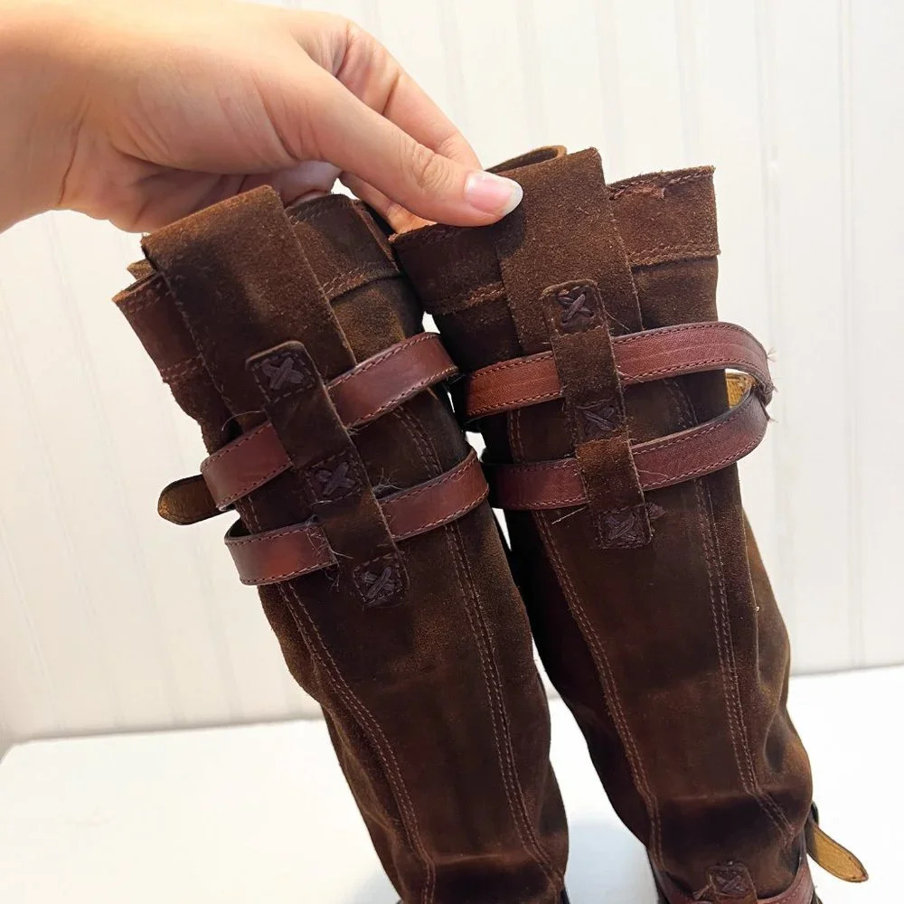 Frye Slouchy Suede Knee High Buckle Western Bohemian Block Heel Boots 7 NWOT - Picture 10 of 13